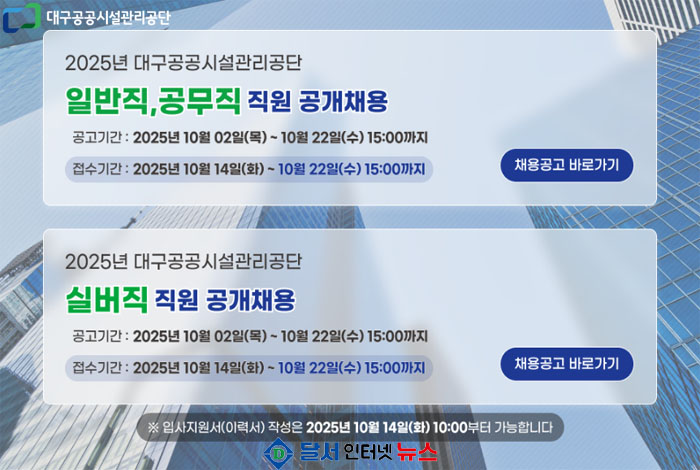 대구공공시설관리공단, 2026년 임용 예정 총 189명 직원 공개 채용